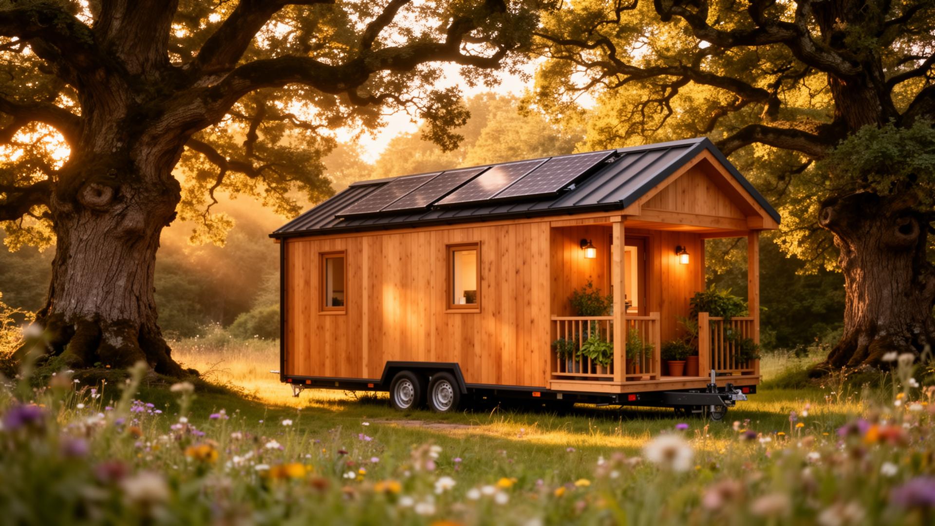 Beautiful tiny house in a woodland clearing at golden hour